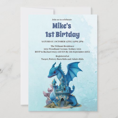 Cute Watercolor Blue Dragon 1st Birthday Invitation