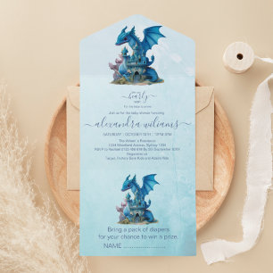 Cute Watercolor Blue Dragon Baby Shower All In One Invitation