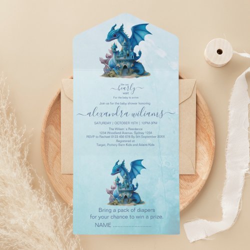 Cute Watercolor Blue Dragon Baby Shower All In One Invitation