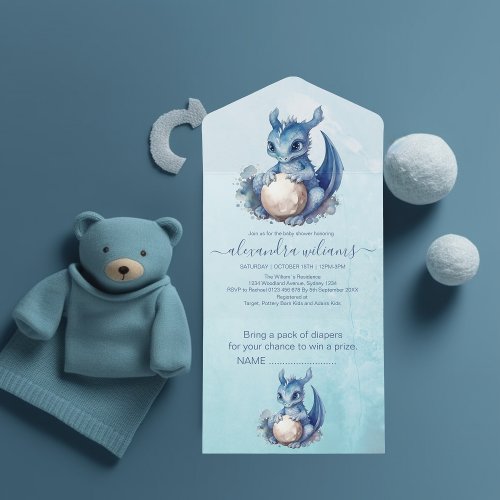 Cute Watercolor Blue Dragon Baby Shower All In One Invitation