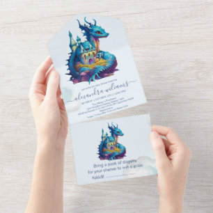 Cute Watercolor Blue Dragon Baby Shower All In One Invitation
