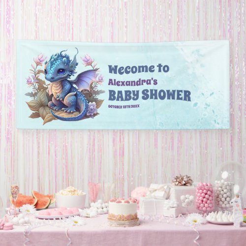 Cute Watercolor Blue Dragon Baby Shower Banner