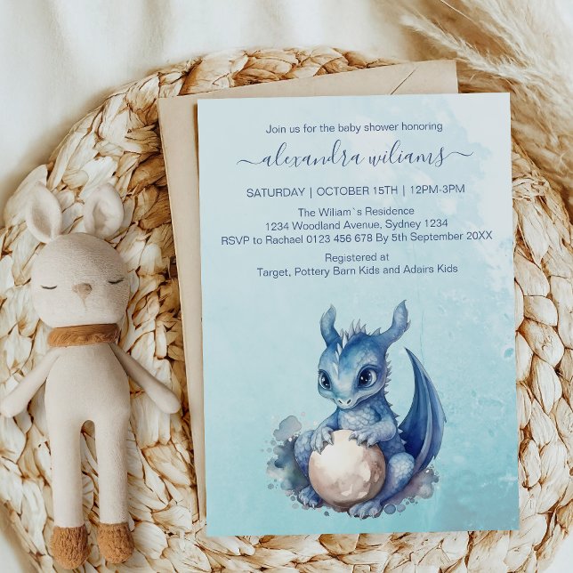 Cute Watercolor Blue Dragon Baby Shower Invitation (Creator Uploaded)