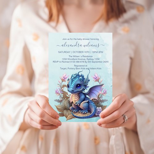 Cute Watercolor Blue Dragon Baby Shower Invitation