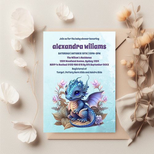 Cute Watercolor Blue Dragon Baby Shower Invitation