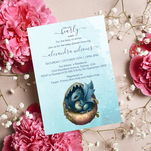 Cute Watercolor Blue Dragon Baby Shower Invitation