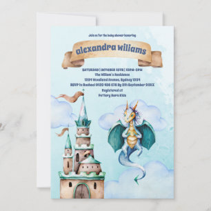 Cute Watercolor Blue Dragon Baby Shower Invitation