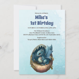 Cute Watercolor Blue Dragon Baby Shower Invitation