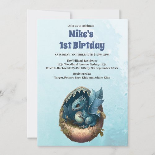 Cute Watercolor Blue Dragon Baby Shower Invitation