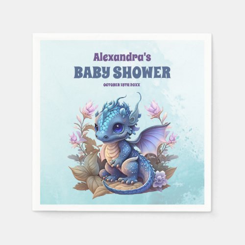 Cute Watercolor Blue Dragon Baby Shower Napkins