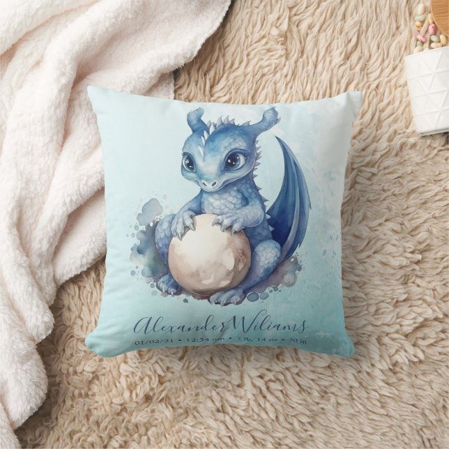 Cute Watercolor Blue Dragon Baby Shower Throw Pillow (Blanket)