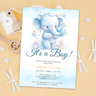 Cute Watercolor Blue Elephant Boy Baby Shower