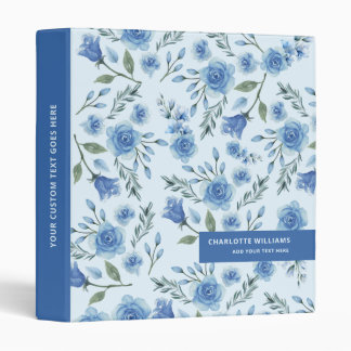 Cute Watercolor Blue Floral Pattern 3 Ring Binder