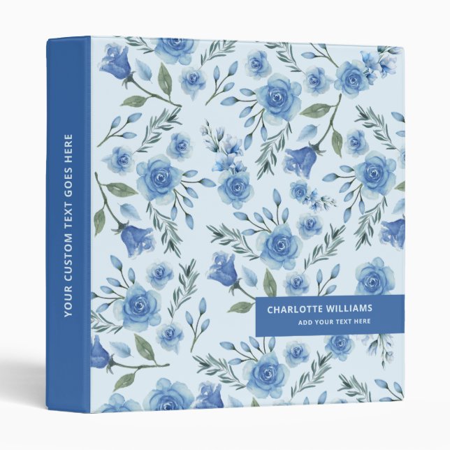 Cute Watercolor Blue Floral Pattern  3 Ring Binder (Front/Spine)