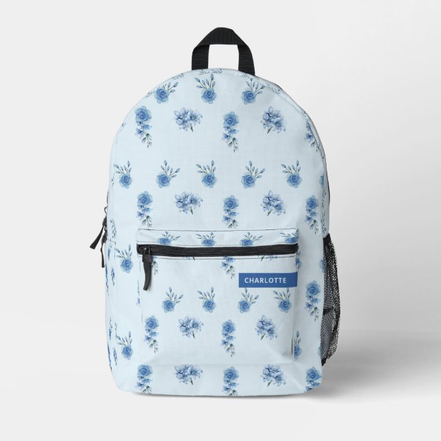 Cute Watercolor Blue Floral Pattern  Printed Backpack (Front)