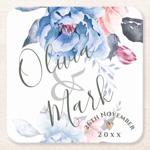 Cute Watercolor  Blue Floral Pretty Script Wedding Square Paper Coaster