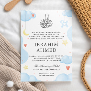 Cute Watercolor Blue Islamic Aqiqa Aqeeqa Baby Invitation
