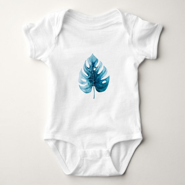 Cute Watercolor Blue Monstera Leaf Baby Bodysuit (Front)
