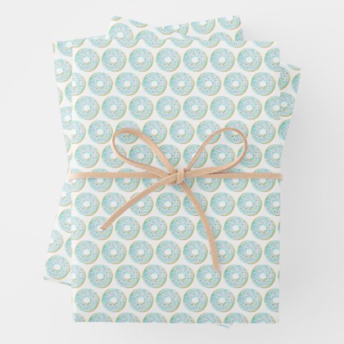 Cute Watercolor Blue Sprinkle Donuts Pattern Wrapping Paper Sheets