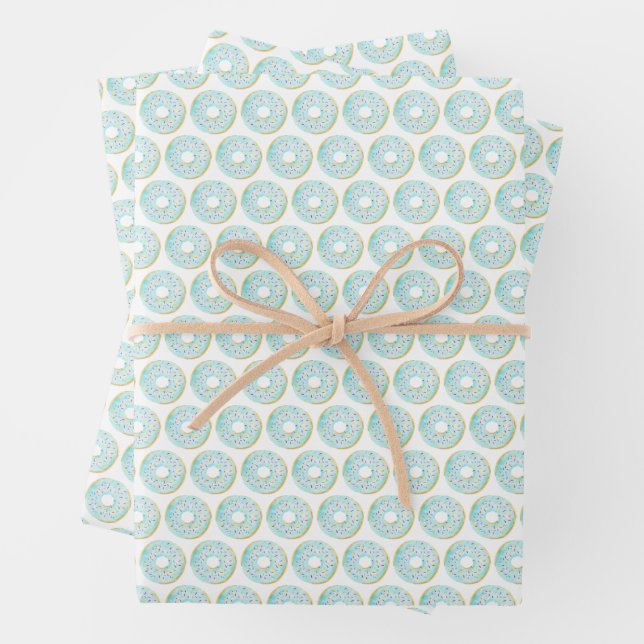 Cute Watercolor Blue Sprinkle Donuts Pattern Wrapping Paper Sheets (In situ)