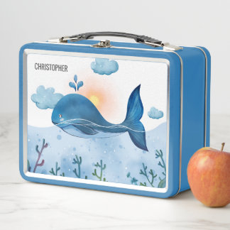 Cute Watercolor Blue Whale and Ocean Waves  Metal Lunch Box