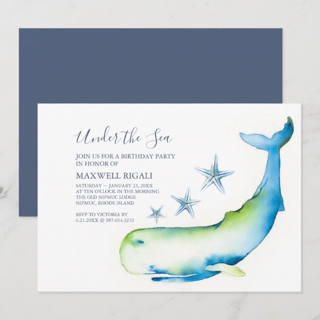 Cute Watercolor Blue Whale Birthday Party Invitation (Front/Back)