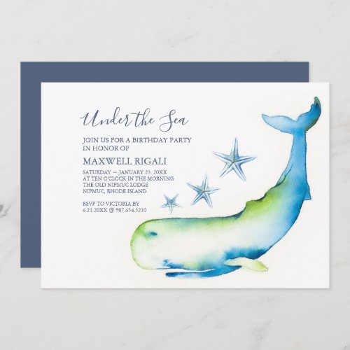 Cute Watercolor Blue Whale Birthday Party Invitation