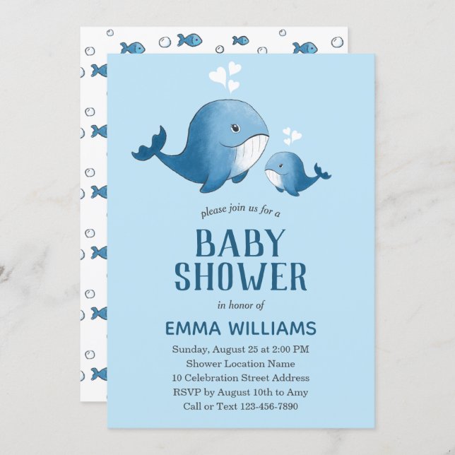 Cute Watercolor Blue Whale | Boy Baby Shower Invitation (Front/Back)