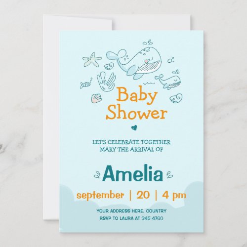 Cute Watercolor Blue Whale Boy Baby Shower Invitation