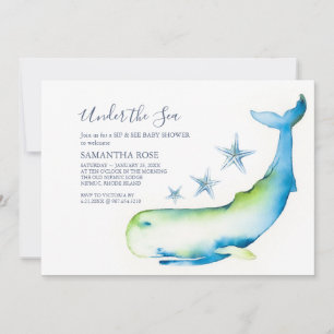 Cute Watercolor Blue Whale Sip and See Baby Shower Invitation