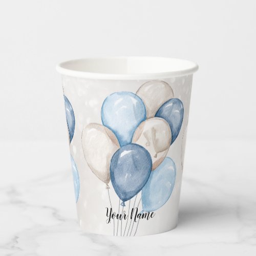 Cute Watercolor Blue White Balloons Party Paper Cups