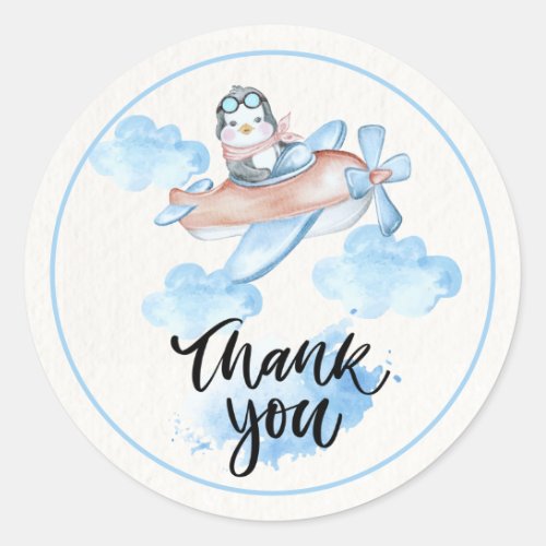 Cute Watercolor Blue White Penguin Pilot Thank You Classic Round Sticker