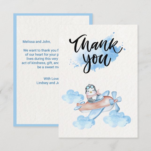 Cute Watercolor Blue White Pilot Penguin Thank You Card (Front/Back)