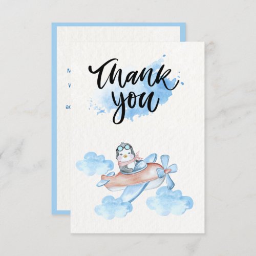 Cute Watercolor Blue White Pilot Penguin Thank You Card