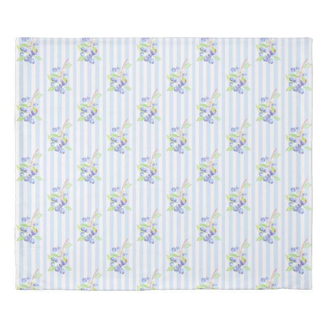 Cute Watercolor Blueberry Botanical Strips Pattern Duvet Cover (Front)