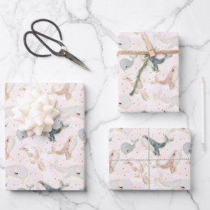 Cute Watercolor Blush Pink Whale Dolphin Animal Wrapping Paper Sheets