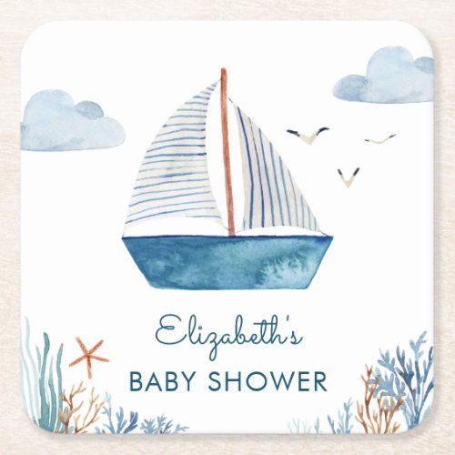 Cute Watercolor Boat Nautical Baby Shower   Square Paper Coaster
