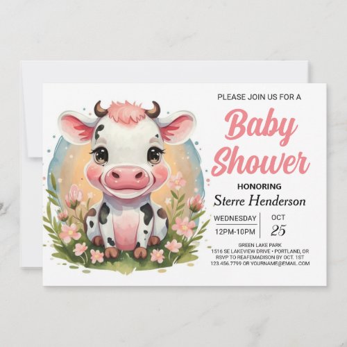 Cute Watercolor Boho Cow Baby Shower Invitation