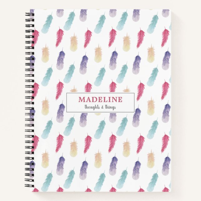 Cute Watercolor Boho Feathers Personalized Notebook (Front)