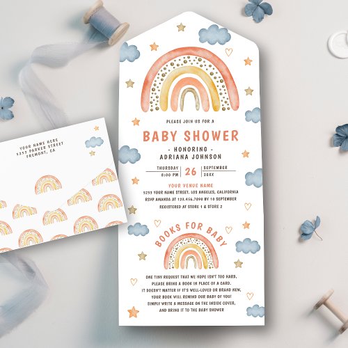 Cute Watercolor Boho Rainbow Baby Shower All In One Invitation