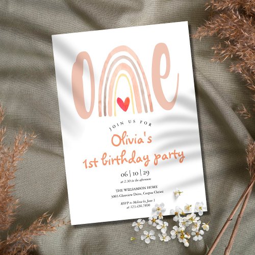 Cute Watercolor Boho Rainbow Heart 1st Birthday Invitation