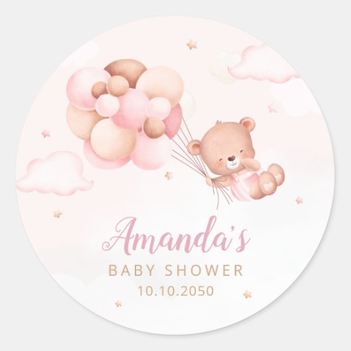 Cute Watercolor Boho Teddy Bear Girl baby Shower Classic Round Sticker