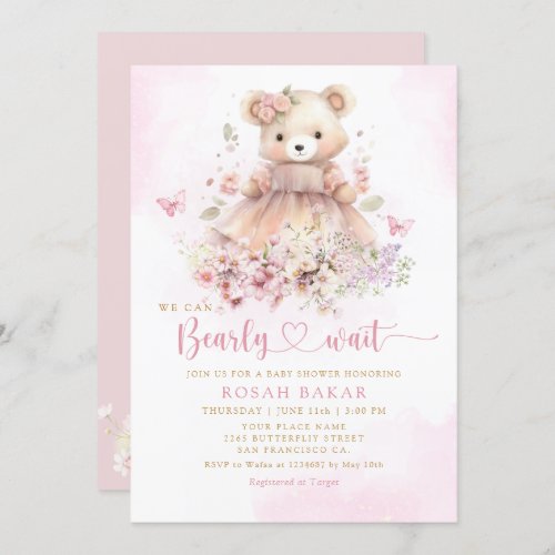 Cute Watercolor Boho Teddy Bear Girl Baby Shower Invitation