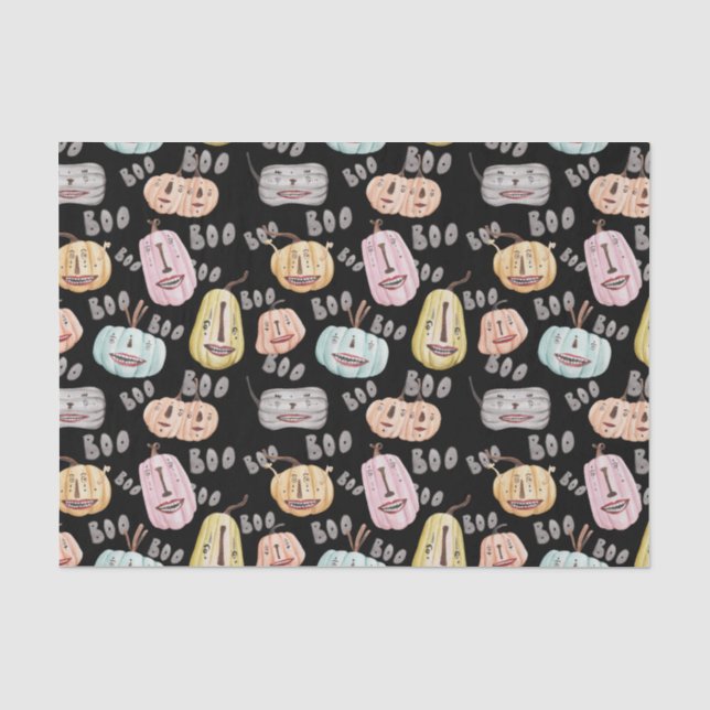 Cute Watercolor Boo Spooky Pumpkin Halloween Tissue Paper (Front)