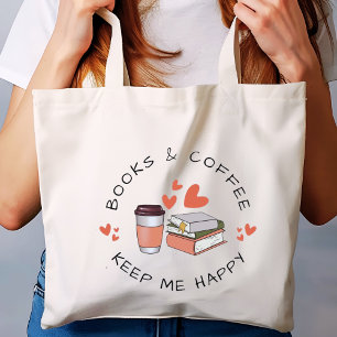Cute Watercolor Books and Coffee Lover Large Tote Bag