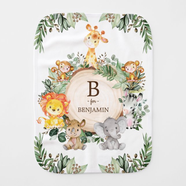 Cute Watercolor Botanical Safari Baby Animals Baby Burp Cloth (Front)