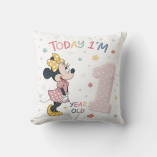 Cute Watercolor Bow Mouse Girl 1st Birthday Throw Pillow