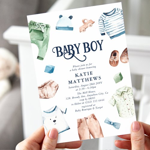 Cute Watercolor Boy Clothes BOY Baby Shower Invitation