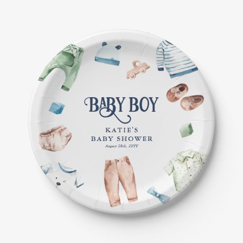 Cute Watercolor Boy Clothes BOY Baby Shower Paper Plates