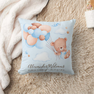 Cute Watercolor Boy Teddy Bear with Balloons Throw Pillow